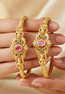 Green Set of 2 Gold-Plated Temple American Diamond Bangle for Women | Traditional Temple Jewellery for Wedding & Festive Wear | Gift for Her