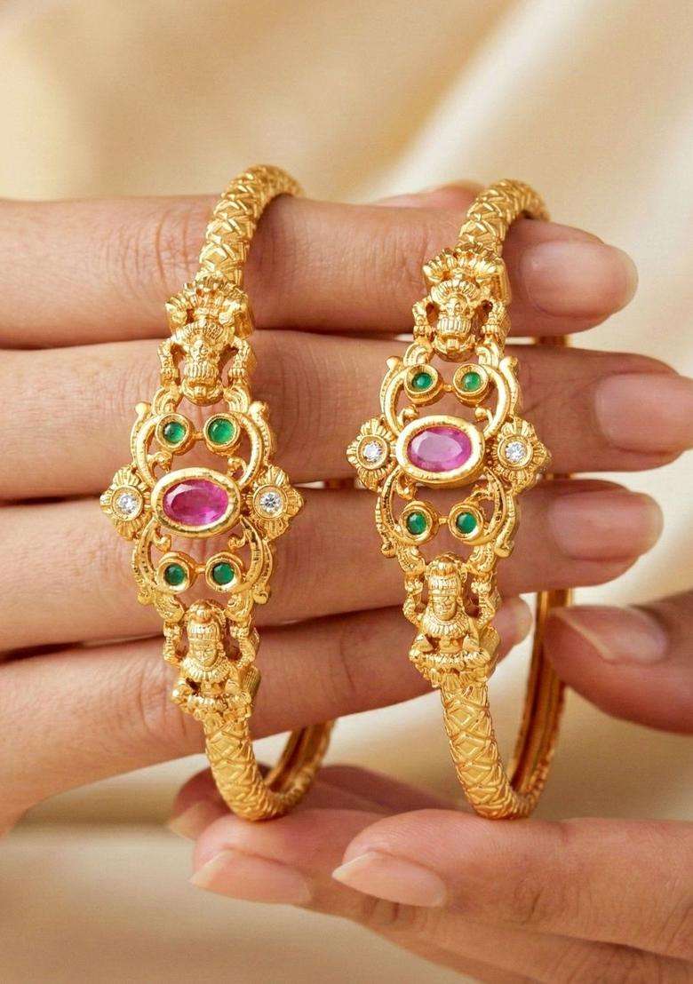 Green Set of 2 Gold-Plated Temple American Diamond Bangle for Women | Traditional Temple Jewellery for Wedding & Festive Wear | Gift for Her - Indya
