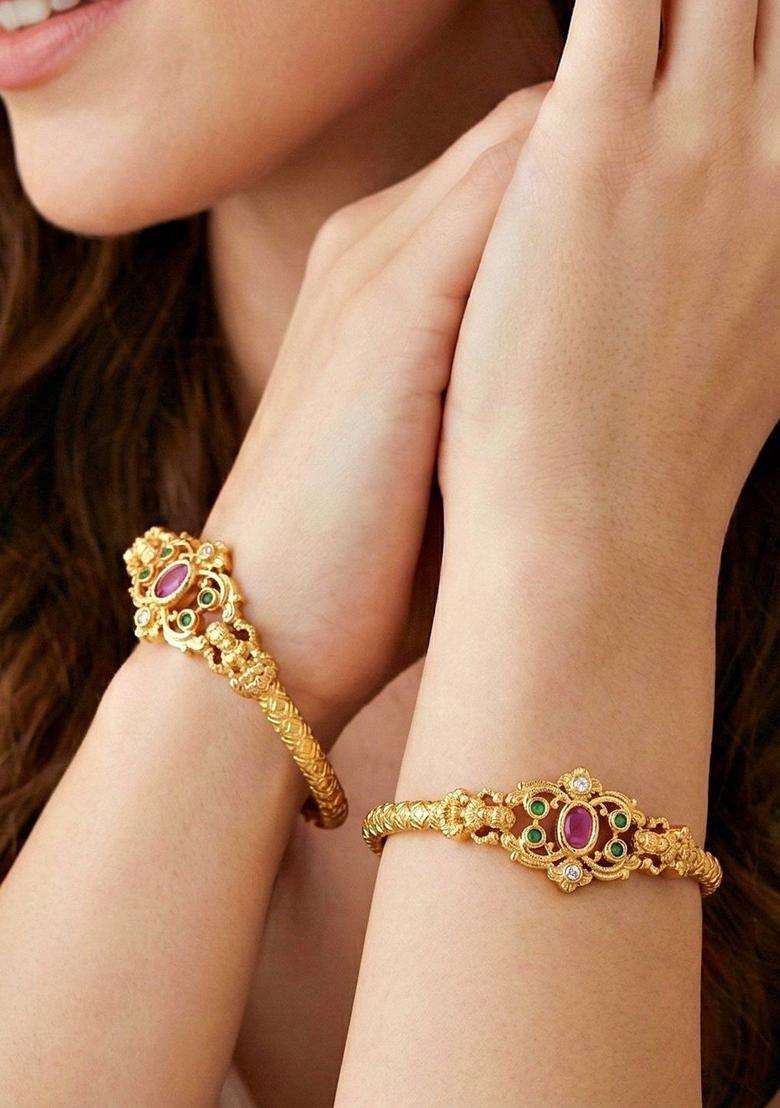 Green Set of 2 Gold-Plated Temple American Diamond Bangle for Women | Traditional Temple Jewellery for Wedding & Festive Wear | Gift for Her - Indya