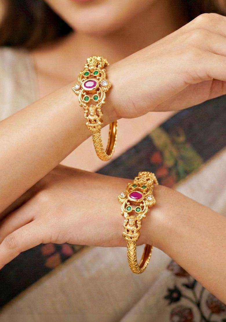 Green Set of 2 Gold-Plated Temple American Diamond Bangle for Women | Traditional Temple Jewellery for Wedding & Festive Wear | Gift for Her - Indya
