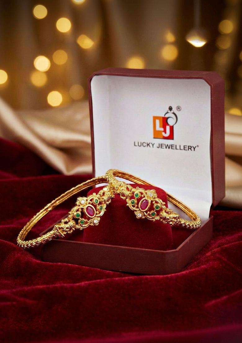 Green Set of 2 Gold-Plated Temple American Diamond Bangle for Women | Traditional Temple Jewellery for Wedding & Festive Wear | Gift for Her - Indya