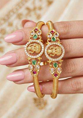 Green Set of 2 Gold-Plated Temple American Diamond Bangle for Women | Traditional Temple Jewellery for Wedding & Festive Wear | Gift for Her
