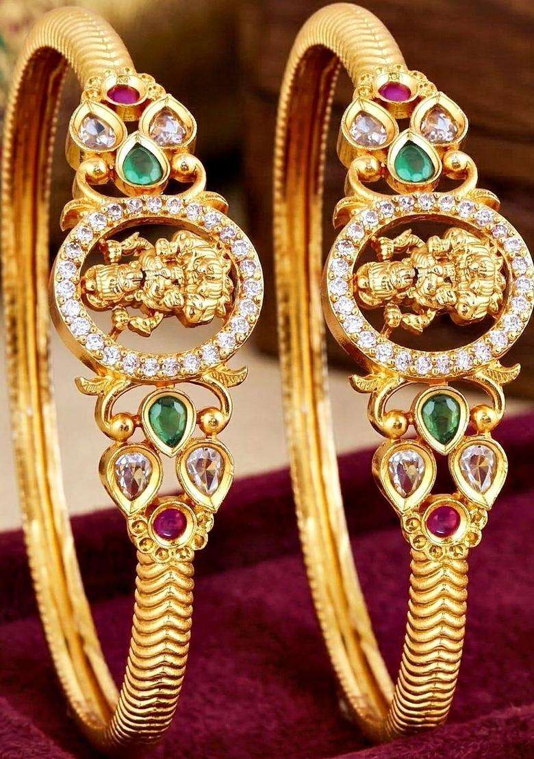 Green Set of 2 Gold-Plated Temple American Diamond Bangle for Women | Traditional Temple Jewellery for Wedding & Festive Wear | Gift for Her - Indya