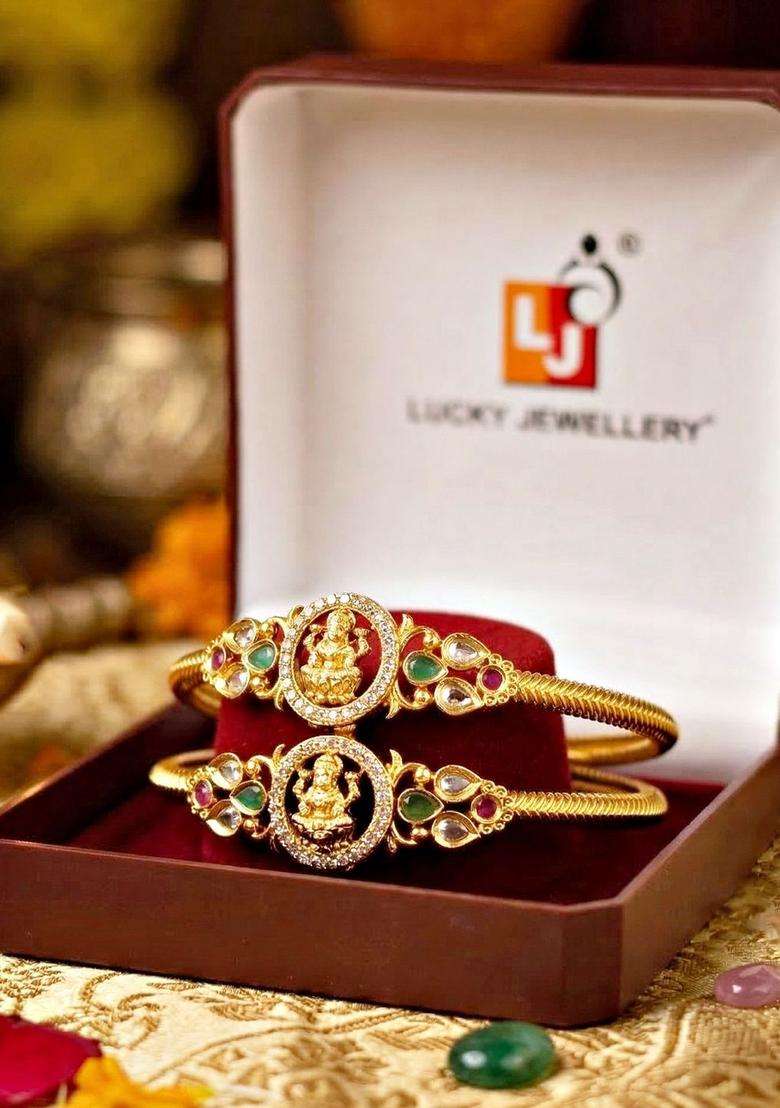 Green Set of 2 Gold-Plated Temple American Diamond Bangle for Women | Traditional Temple Jewellery for Wedding & Festive Wear | Gift for Her - Indya