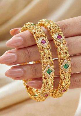 Green Set of 2 Gold-Plated Temple American Diamond Bangle for Women | Traditional Temple Jewellery for Wedding & Festive Wear | Gift for Her