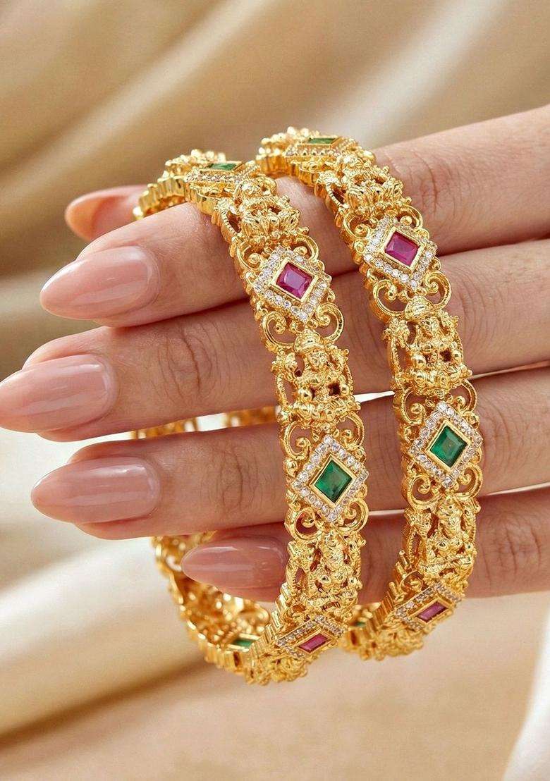 Green Set of 2 Gold-Plated Temple American Diamond Bangle for Women | Traditional Temple Jewellery for Wedding & Festive Wear | Gift for Her - Indya