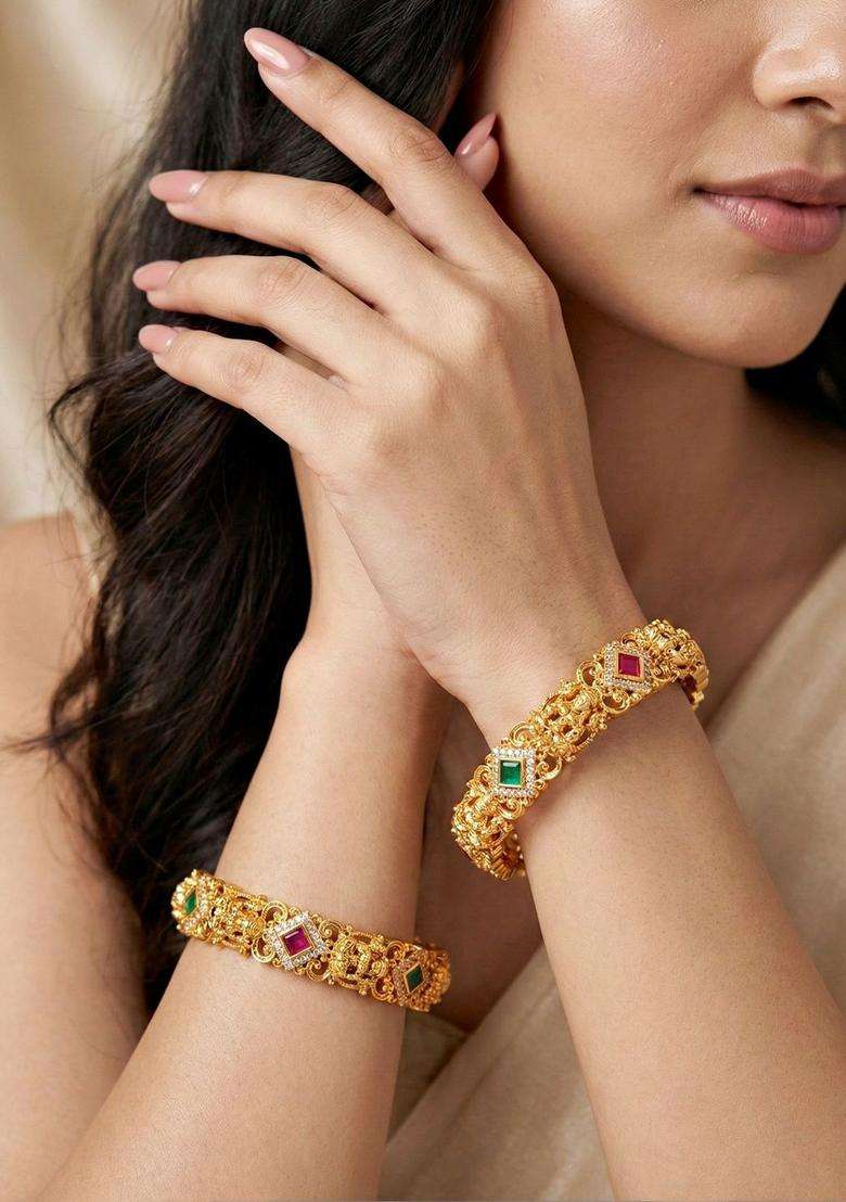 Green Set of 2 Gold-Plated Temple American Diamond Bangle for Women | Traditional Temple Jewellery for Wedding & Festive Wear | Gift for Her - Indya