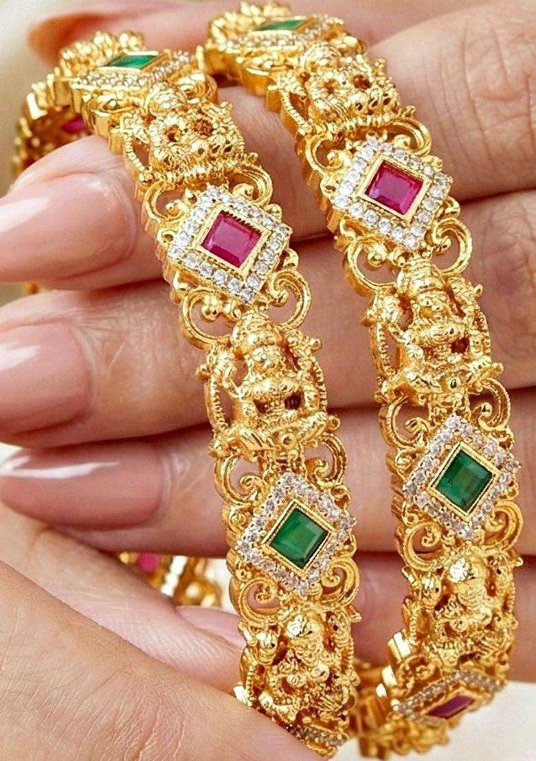 Green Set of 2 Gold-Plated Temple American Diamond Bangle for Women | Traditional Temple Jewellery for Wedding & Festive Wear | Gift for Her - Indya