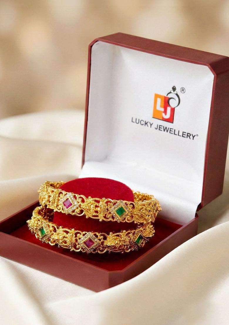 Green Set of 2 Gold-Plated Temple American Diamond Bangle for Women | Traditional Temple Jewellery for Wedding & Festive Wear | Gift for Her - Indya