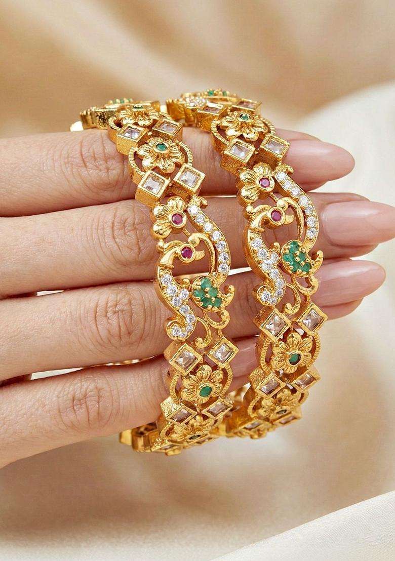 Green Set of 2 Gold-Plated Temple American Diamond Bangle for Women | Traditional Temple Jewellery for Wedding & Festive Wear | Gift for Her - Indya