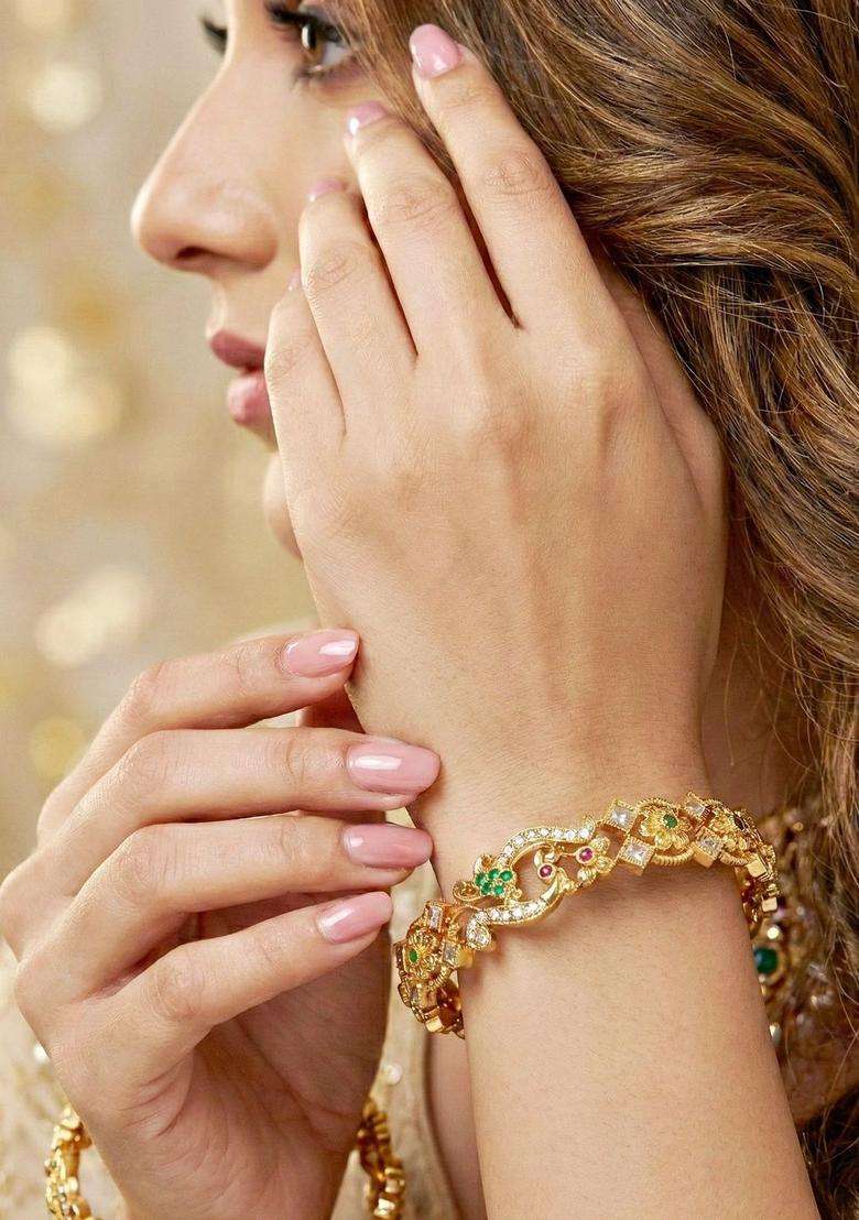 Green Set of 2 Gold-Plated Temple American Diamond Bangle for Women | Traditional Temple Jewellery for Wedding & Festive Wear | Gift for Her - Indya