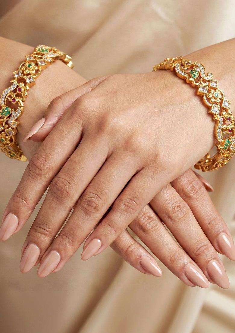 Green Set of 2 Gold-Plated Temple American Diamond Bangle for Women | Traditional Temple Jewellery for Wedding & Festive Wear | Gift for Her - Indya