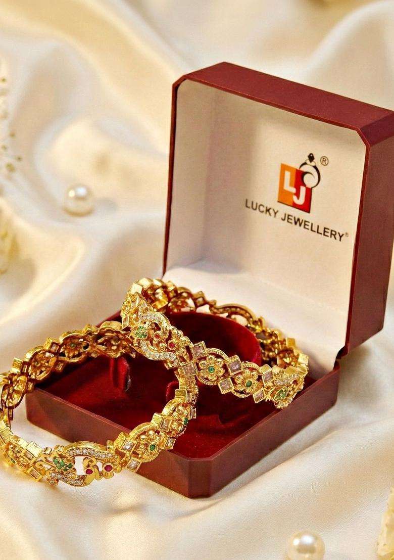 Green Set of 2 Gold-Plated Temple American Diamond Bangle for Women | Traditional Temple Jewellery for Wedding & Festive Wear | Gift for Her - Indya