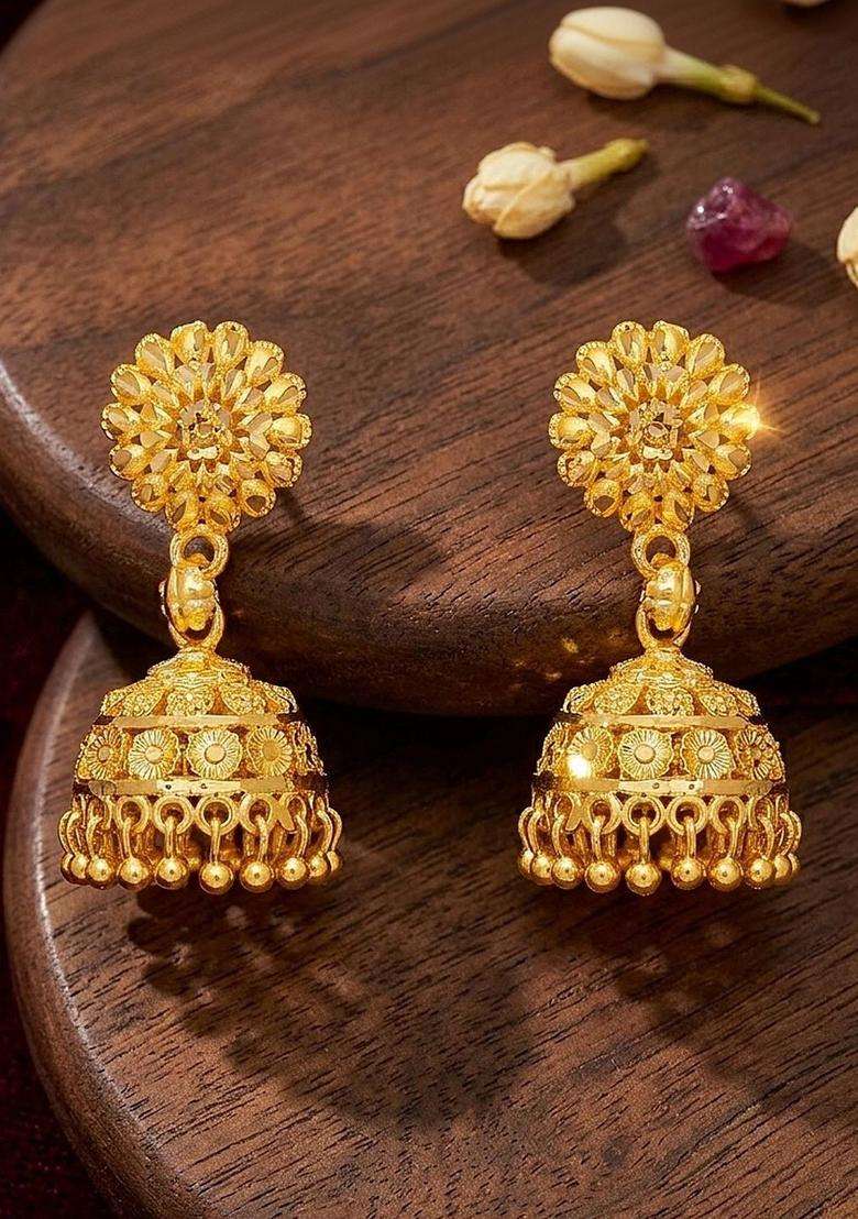 Gold-Plated Floral Jhumkas Earrings for Women | Traditional Temple Jewellery for Wedding & Festive Wear | Gift for Her - Indya