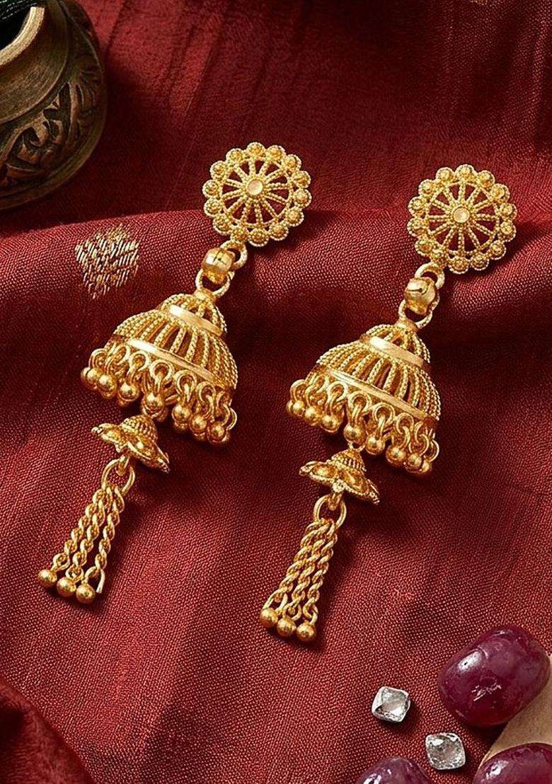 Gold-Plated Floral Jhumkas Earrings for Women | Traditional Temple Jewellery for Wedding & Festive Wear | Gift for Her - Indya