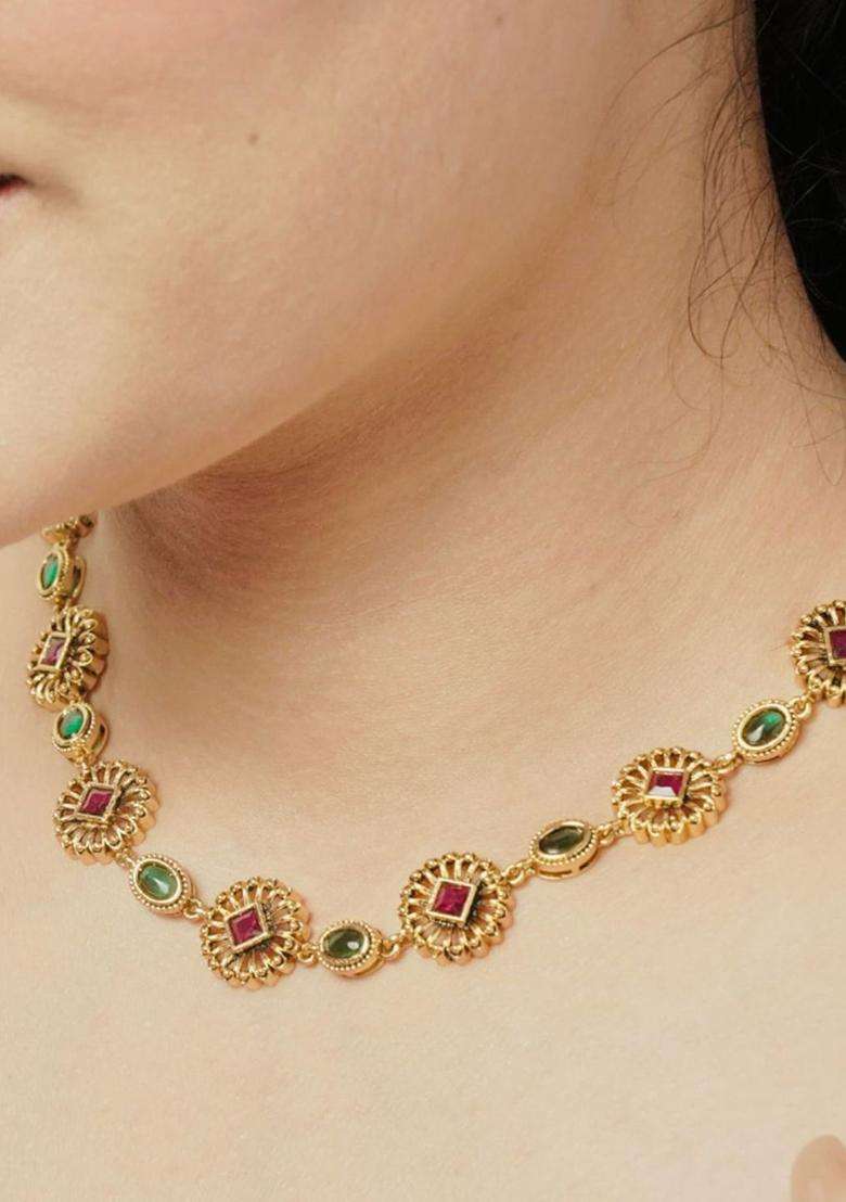Sterling Silver Gold-Plated Temple Necklace with CZ Stone for Women | Traditional Temple Jewellery for Wedding & Festive Wear | Gift for Her - Indya