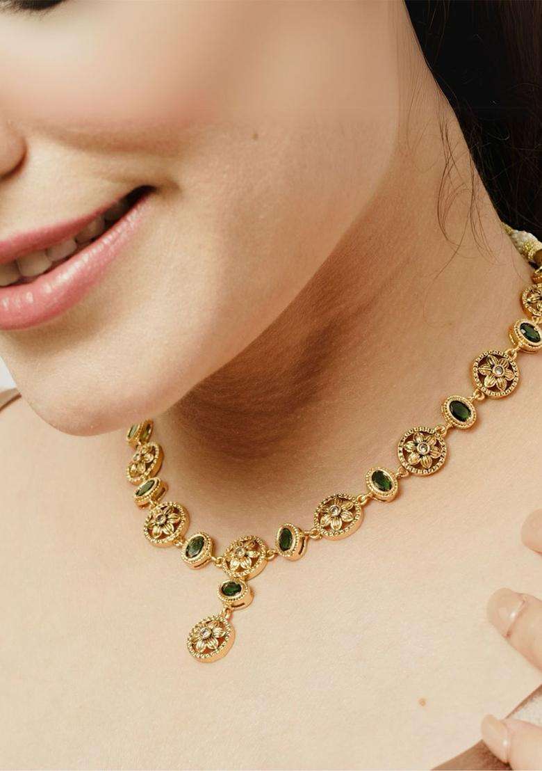 Sterling Silver Gold-Plated Temple Necklace with CZ Stone for Women | Traditional Temple Jewellery for Wedding & Festive Wear | Gift for Her - Indya