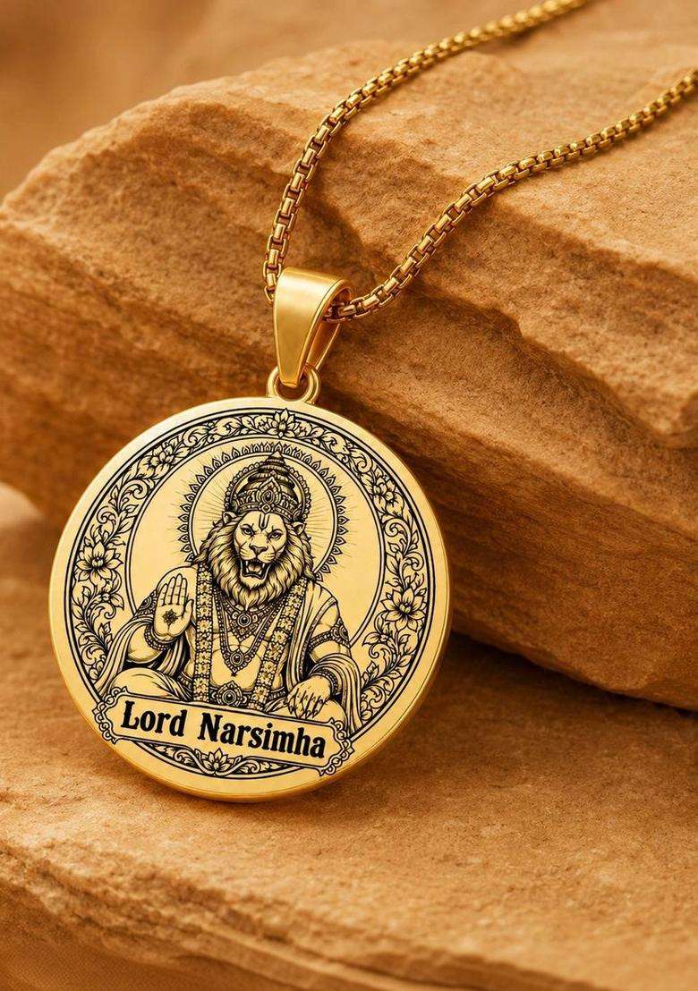Gold-Plated Circular Pendant with Chain for Men | Traditional Temple Jewellery for Wedding & Festive Wear | Gift for Him - Indya