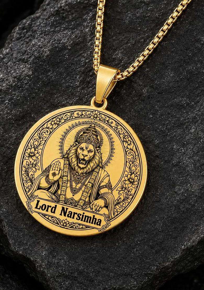 Gold-Plated Circular Pendant with Chain for Men | Traditional Temple Jewellery for Wedding & Festive Wear | Gift for Him - Indya