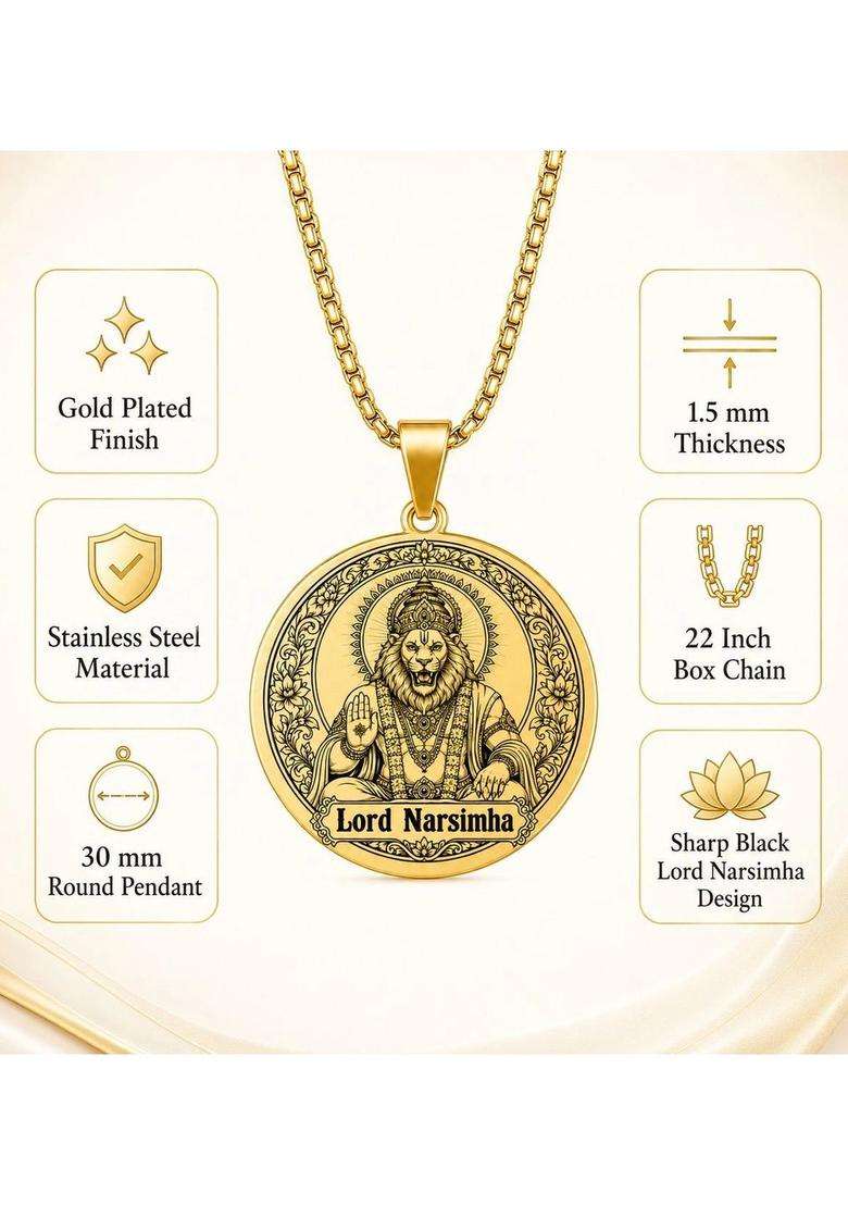 Gold-Plated Circular Pendant with Chain for Men | Traditional Temple Jewellery for Wedding & Festive Wear | Gift for Him - Indya