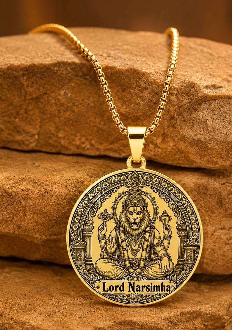Gold-Plated Circular Pendants with Chains for Men | Traditional Temple Jewellery for Wedding & Festive Wear | Gift for Him - Indya
