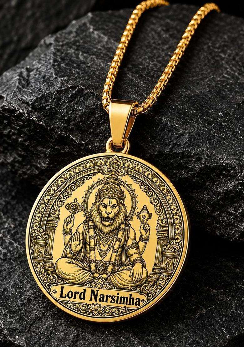 Gold-Plated Circular Pendants with Chains for Men | Traditional Temple Jewellery for Wedding & Festive Wear | Gift for Him - Indya