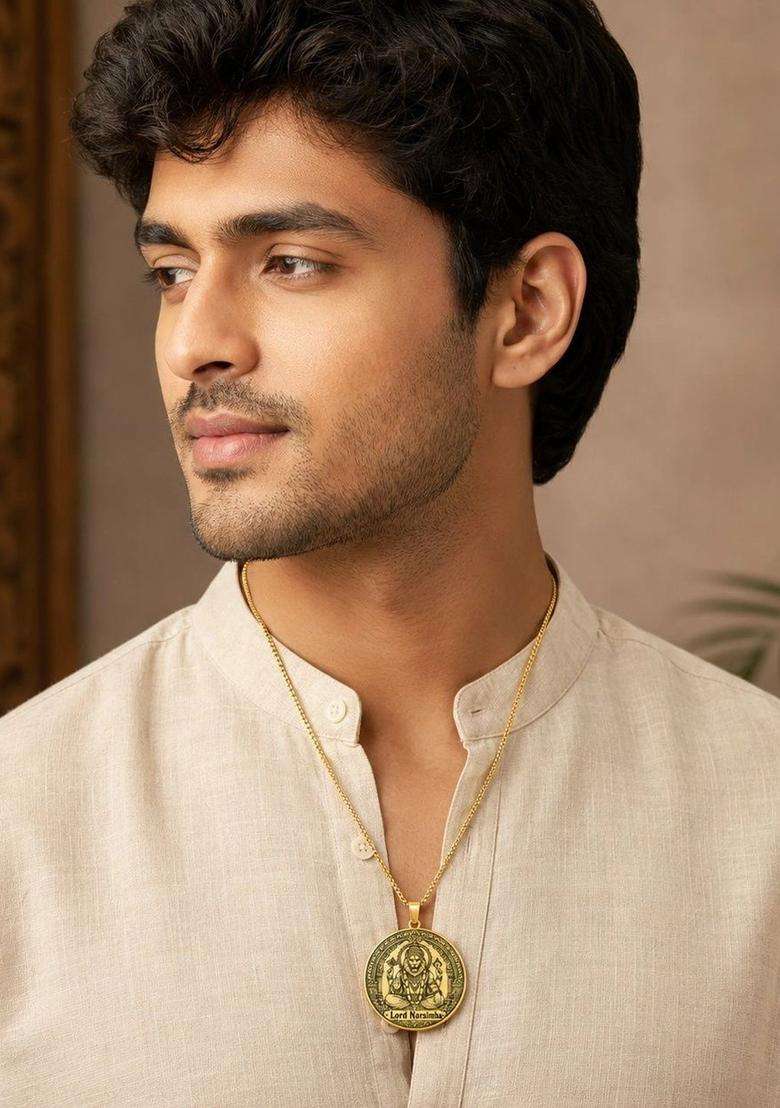 Gold-Plated Circular Pendants with Chains for Men | Traditional Temple Jewellery for Wedding & Festive Wear | Gift for Him - Indya