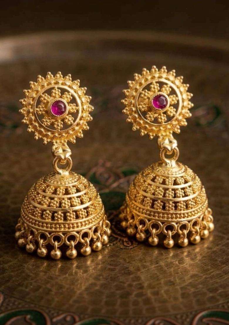 Gold-Plated Circular Jhumkas Earrings for Women | Traditional Temple Jewellery for Wedding & Festive Wear | Gift for Her - Indya