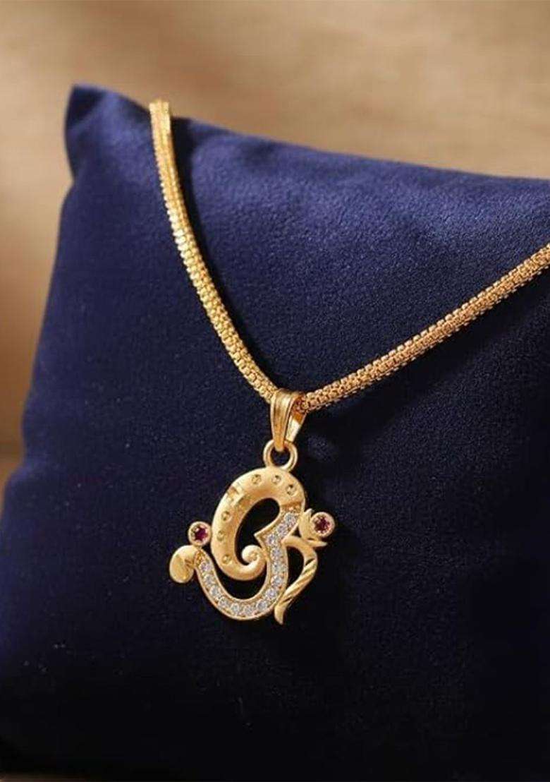 Gold-Plated Artificial Stones Studded Temple Quirky Shaped Pendant with Chain for Women | Traditional Temple Jewellery for Wedding & Festive Wear | Gift for Her - Indya