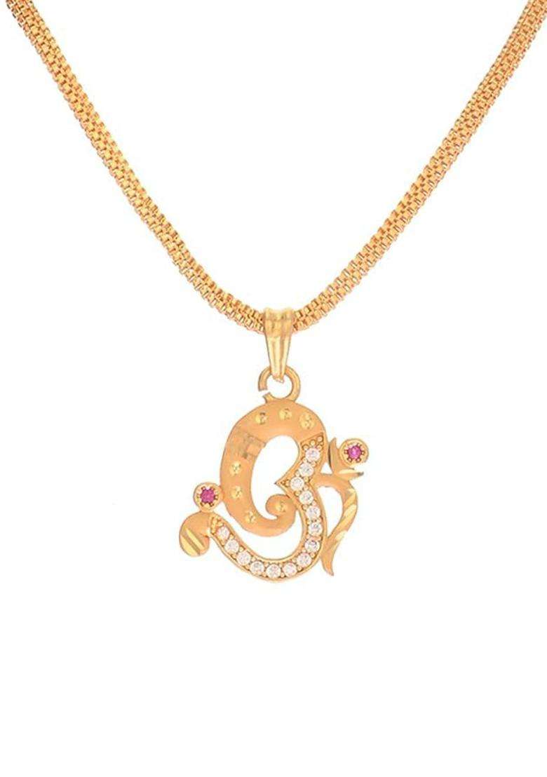 Gold-Plated Artificial Stones Studded Temple Quirky Shaped Pendant with Chain for Women | Traditional Temple Jewellery for Wedding & Festive Wear | Gift for Her - Indya