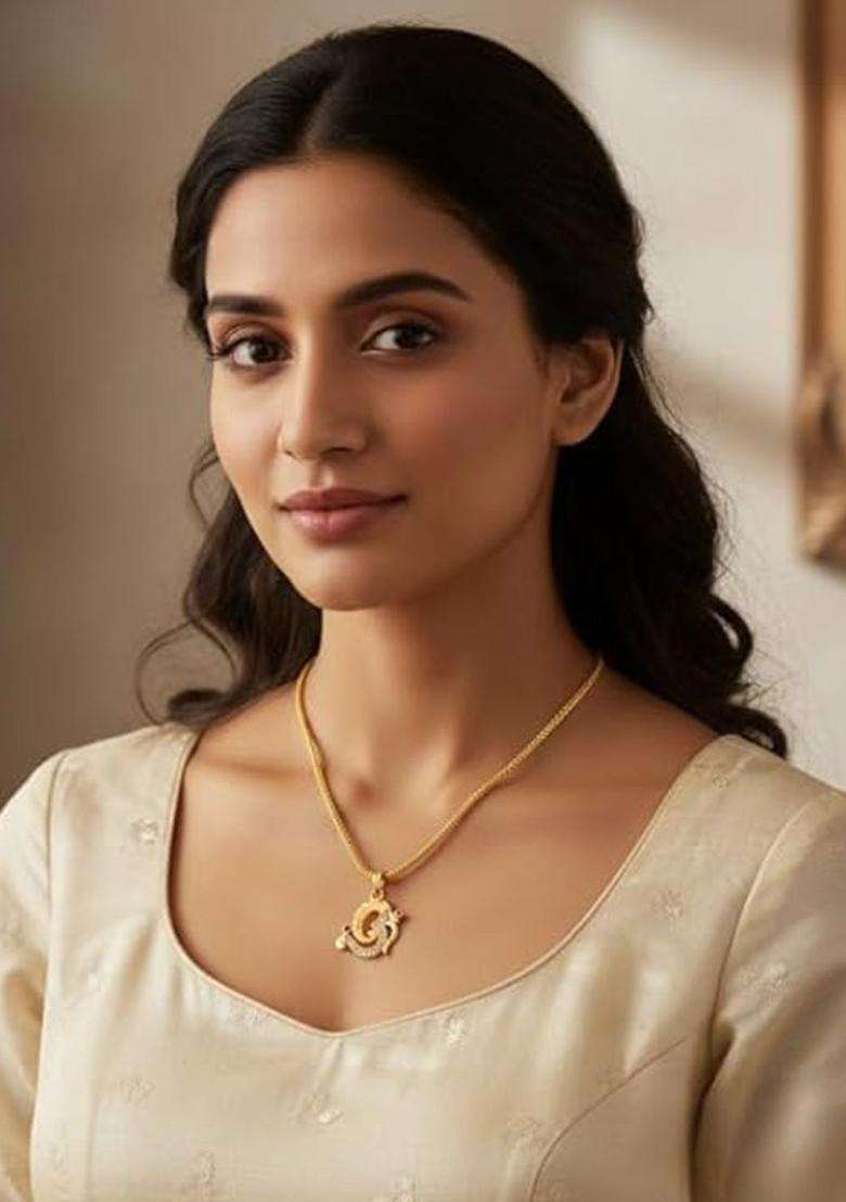 Gold-Plated Artificial Stones Studded Temple Quirky Shaped Pendant with Chain for Women | Traditional Temple Jewellery for Wedding & Festive Wear | Gift for Her - Indya