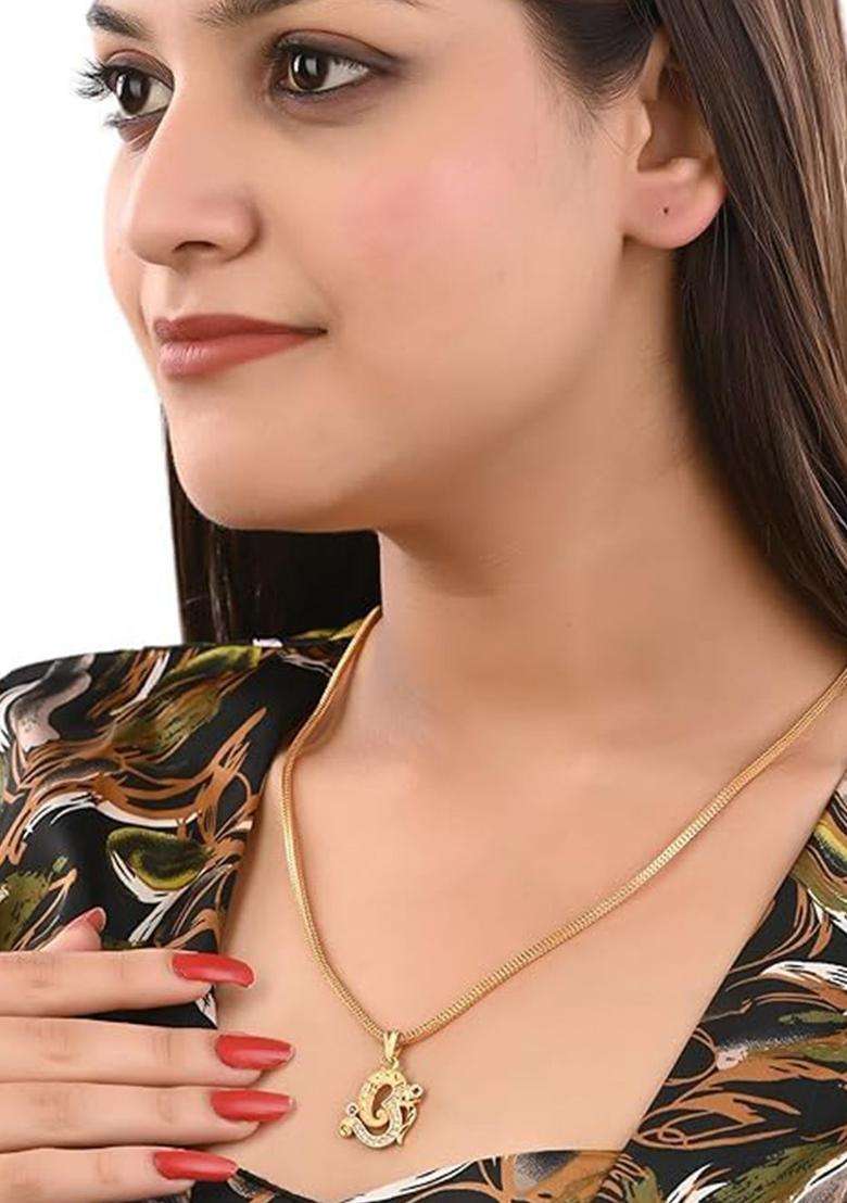 Gold-Plated Artificial Stones Studded Temple Quirky Shaped Pendant with Chain for Women | Traditional Temple Jewellery for Wedding & Festive Wear | Gift for Her - Indya