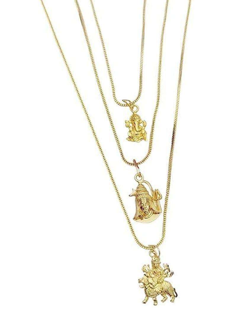 Set of 3 Temple Quirky Shaped Pendants with Chains for Men & Women | Traditional Temple Jewellery for Wedding & Festive Wear | Festive Gift - Indya