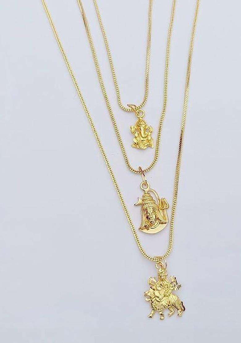 Set of 3 Temple Quirky Shaped Pendants with Chains for Men & Women | Traditional Temple Jewellery for Wedding & Festive Wear | Festive Gift - Indya