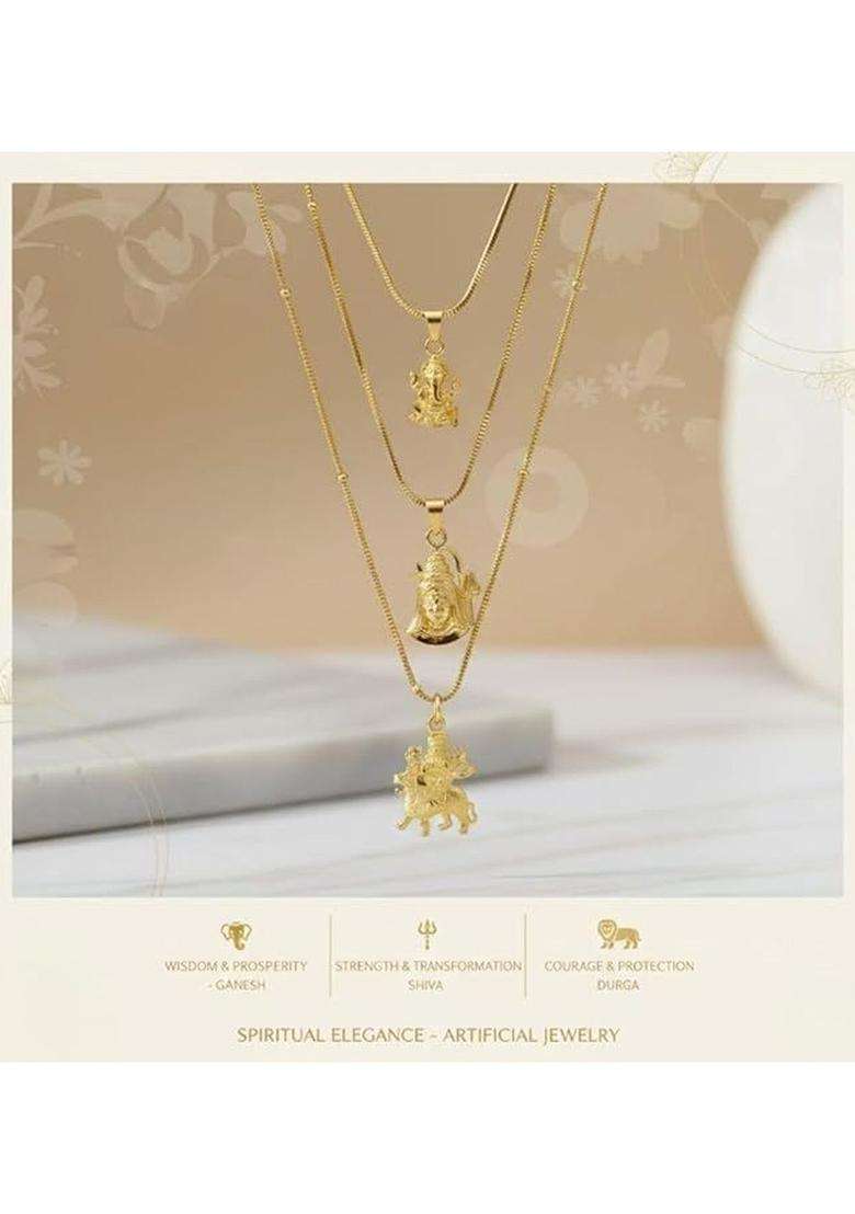 Set of 3 Temple Quirky Shaped Pendants with Chains for Men & Women | Traditional Temple Jewellery for Wedding & Festive Wear | Festive Gift - Indya