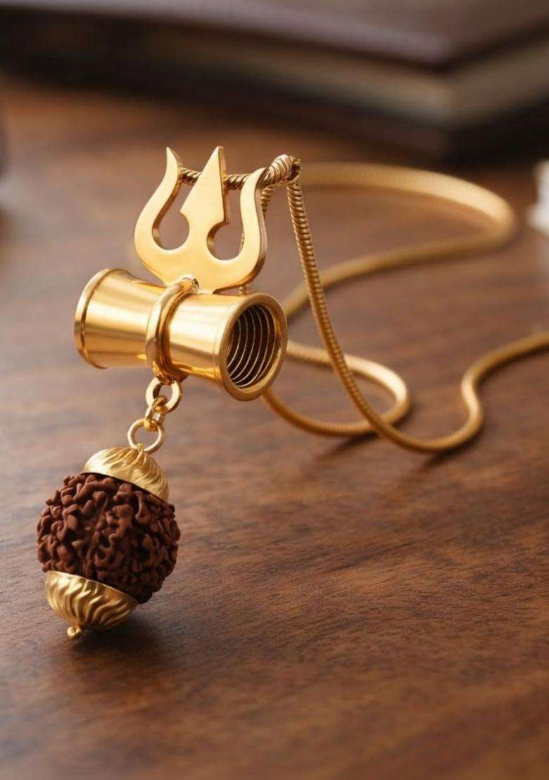 Gold-Plated Trishul Damru Rudraksha Pendant with Chain for Men & Women | Traditional Temple Jewellery for Wedding & Festive Wear | Festive Gift - Indya