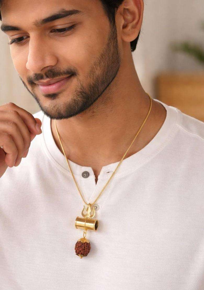 Gold-Plated Trishul Damru Rudraksha Pendant with Chain for Men & Women | Traditional Temple Jewellery for Wedding & Festive Wear | Festive Gift - Indya