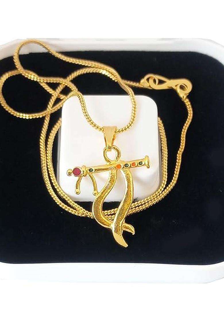 Gold-Plated Artificial Stones Studded Temple Quirky Pendant with Chain for Men & Women | Traditional Temple Jewellery for Wedding & Festive Wear | Festive Gift - Indya