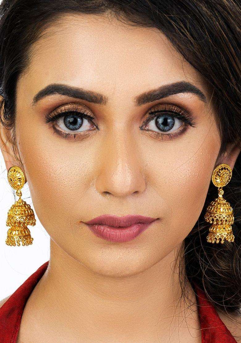 Gold-Plated Dome Shaped Jhumkas Earrings for Women | Traditional Temple Jewellery for Wedding & Festive Wear | Gift for Her - Indya
