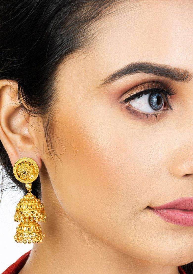 Gold-Plated Dome Shaped Jhumkas Earrings for Women | Traditional Temple Jewellery for Wedding & Festive Wear | Gift for Her - Indya