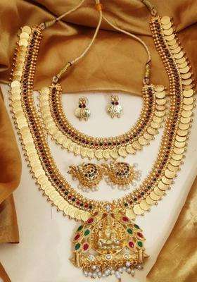 Set of 2 Gold-Plated Stone Studded & Beaded Jewellery Set for Women | Traditional Temple Jewellery for Wedding & Festive Wear | Gift for Her