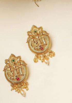 Gold-Plated Stones Studded & Pearls Beaded Ram Darbbar Classic Temple Studs for Women | Traditional Temple Jewellery for Wedding & Festive Wear | Gift for Her
