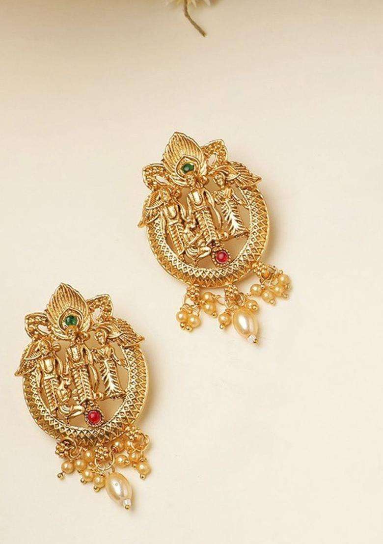 Gold-Plated Stones Studded & Pearls Beaded Ram Darbbar Classic Temple Studs for Women | Traditional Temple Jewellery for Wedding & Festive Wear | Gift for Her - Indya