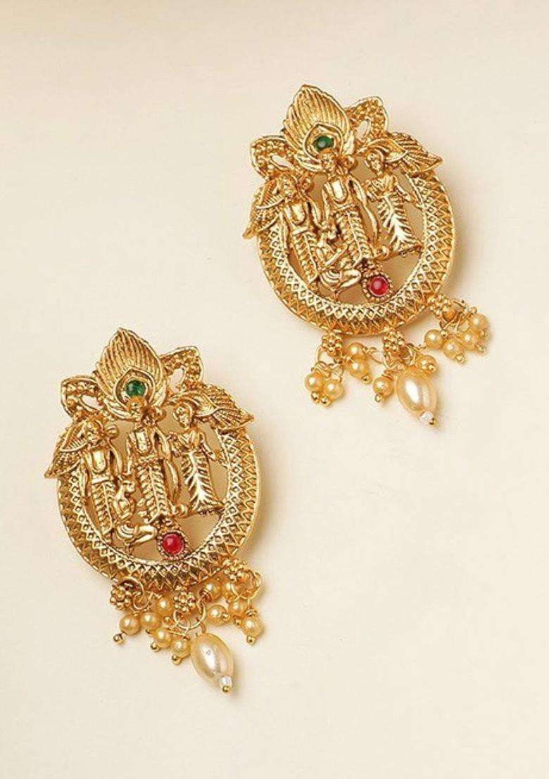 Gold-Plated Stones Studded & Pearls Beaded Ram Darbbar Classic Temple Studs for Women | Traditional Temple Jewellery for Wedding & Festive Wear | Gift for Her - Indya