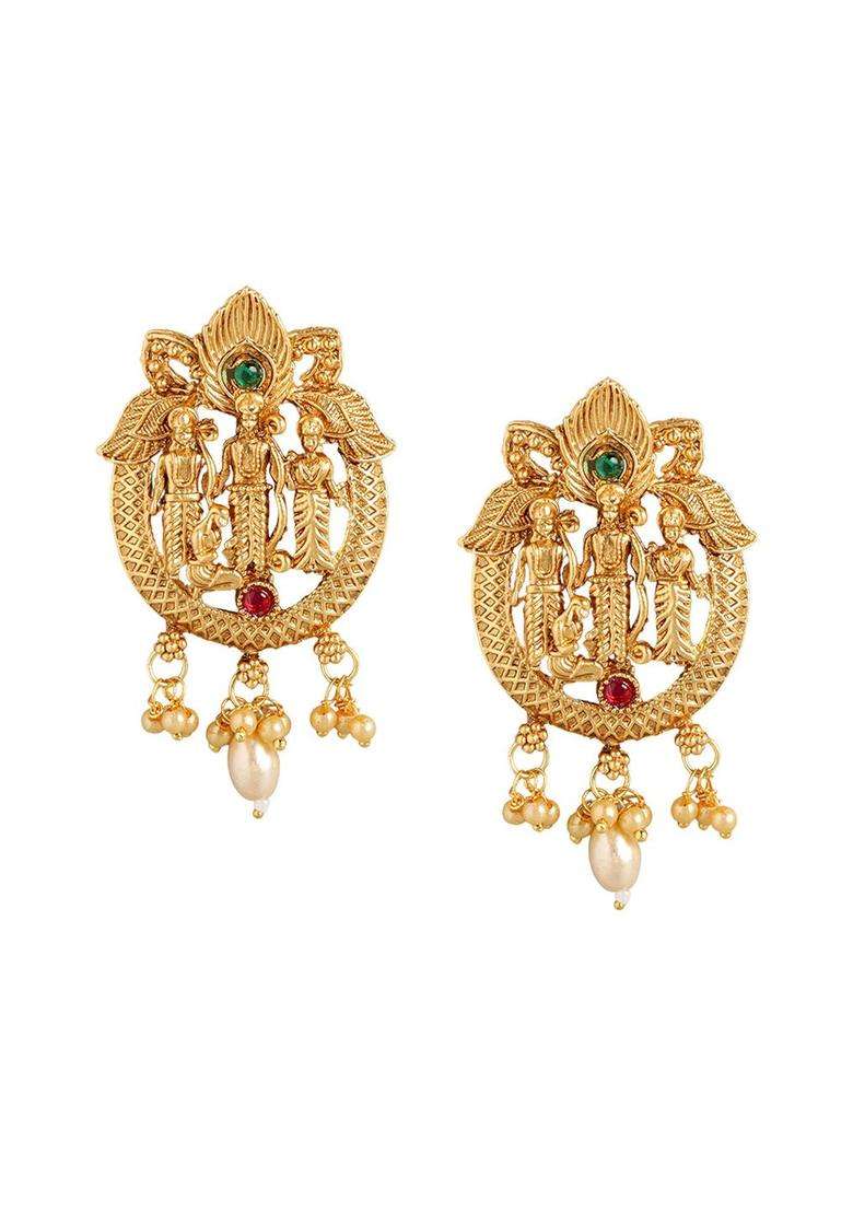 Gold-Plated Stones Studded & Pearls Beaded Ram Darbbar Classic Temple Studs for Women | Traditional Temple Jewellery for Wedding & Festive Wear | Gift for Her - Indya