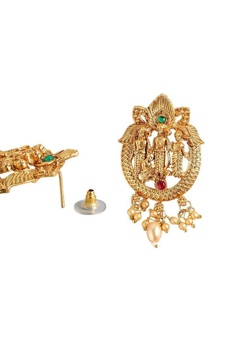 Gold-Plated Stones Studded & Pearls Beaded Ram Darbbar Classic Temple Studs for Women | Traditional Temple Jewellery for Wedding & Festive Wear | Gift for Her - Indya