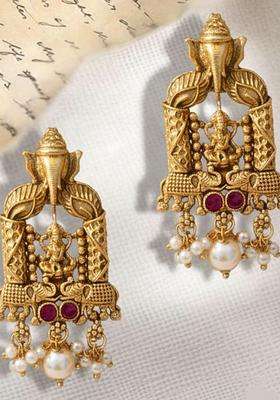 Gold-Plated Artificial Stones Studded & Beaded Temple Contemporary Earrings for Women | Traditional Temple Jewellery for Wedding & Festive Wear | Gift for Her