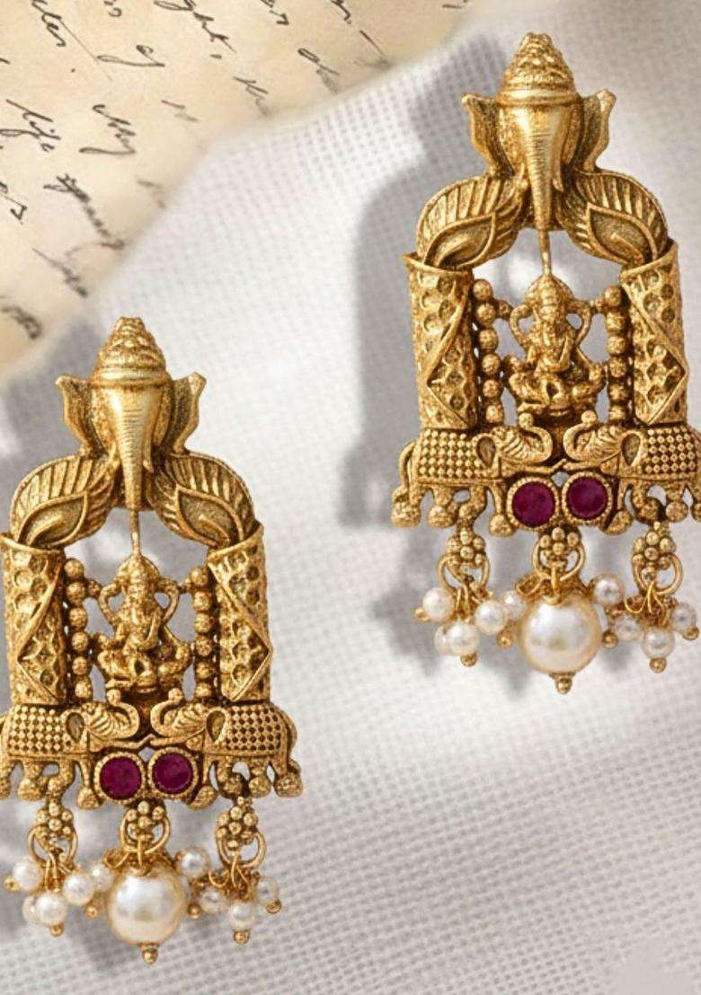 Gold-Plated Artificial Stones Studded & Beaded Temple Contemporary Earrings for Women | Traditional Temple Jewellery for Wedding & Festive Wear | Gift for Her - Indya