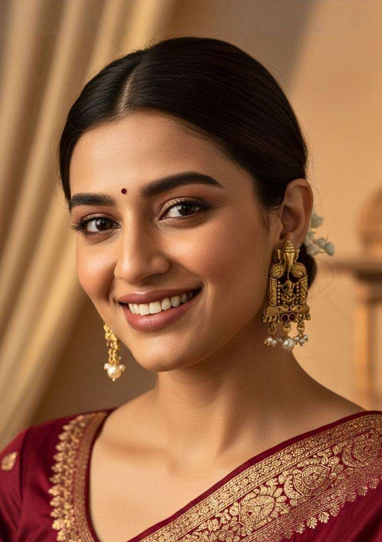 Gold-Plated Artificial Stones Studded & Beaded Temple Contemporary Earrings for Women | Traditional Temple Jewellery for Wedding & Festive Wear | Gift for Her - Indya