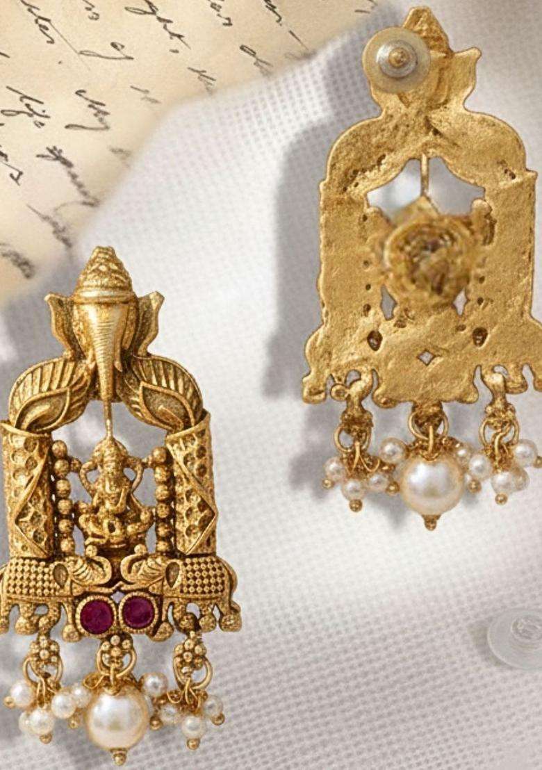 Gold-Plated Artificial Stones Studded & Beaded Temple Contemporary Earrings for Women | Traditional Temple Jewellery for Wedding & Festive Wear | Gift for Her - Indya